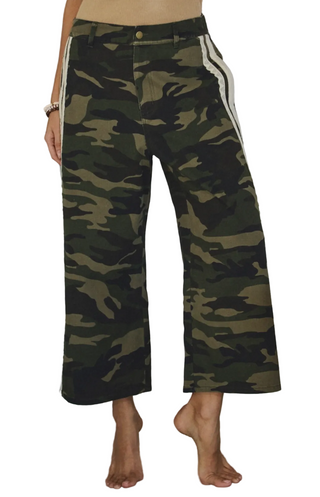 Camo Printed Washed Denim Cropped Pants
