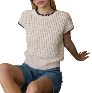 Black and Cream Short Sleeve Drop Shoulder Sweater