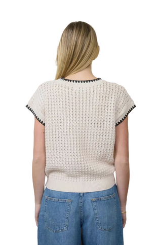 Black and Cream Short Sleeve Drop Shoulder Sweater