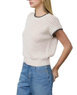 Black and Cream Short Sleeve Drop Shoulder Sweater