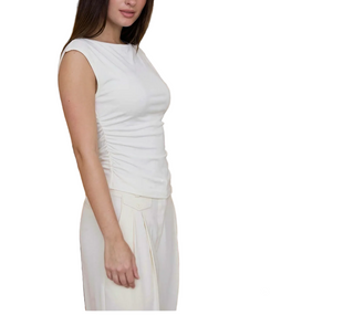 Boat Neck Ruched Sides Short Sleeve Top
