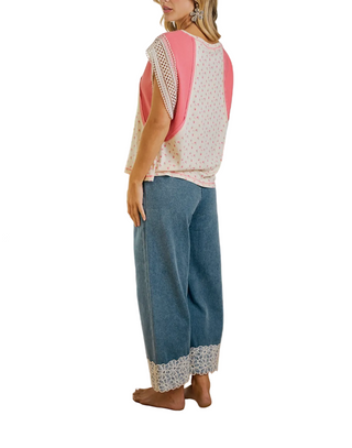 Floral Lace Trim Denim wide Pant