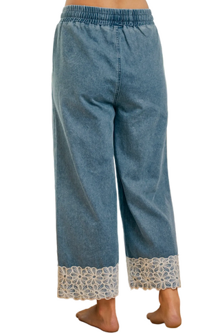 Floral Lace Trim Denim wide Pant