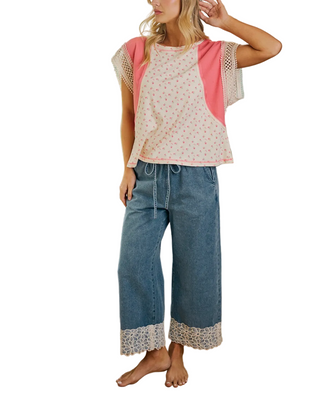 Floral Lace Trim Denim wide Pant