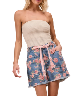 Floral Denim Shorts with Braided Belt