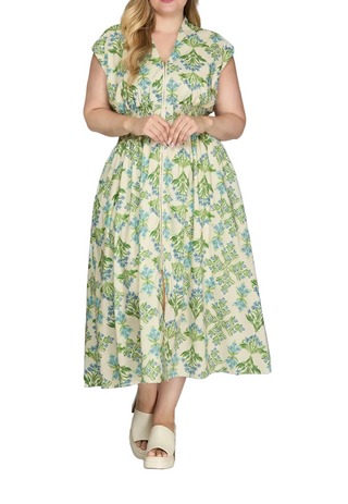 Smocked Waist  Botanical Tile Dress
