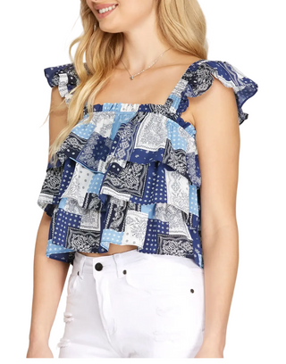 Blue and White Tiered Ruffle Top