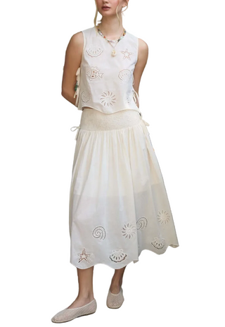 Nautical Eyelet Smocked Midi Skirt