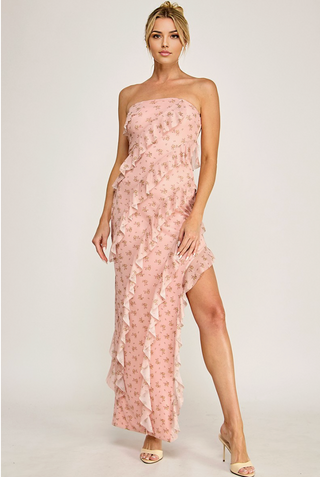 Floral Mesh Ruffle Dress Strapless