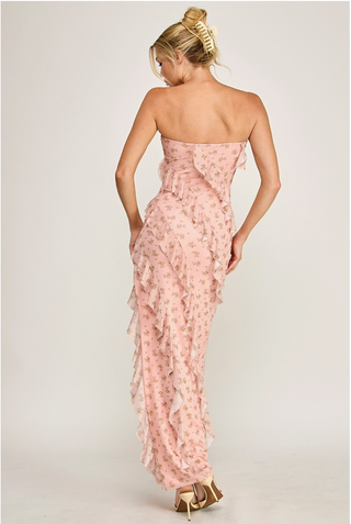 Floral Mesh Ruffle Dress Strapless