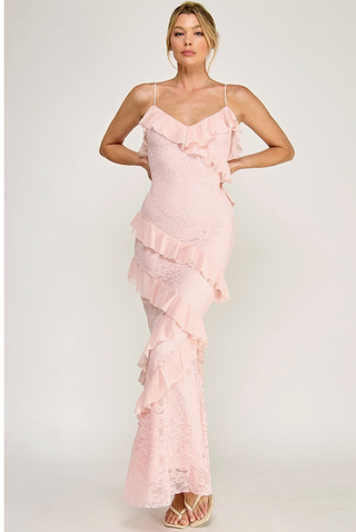 Pink Lace Ruffle Dress Strapless