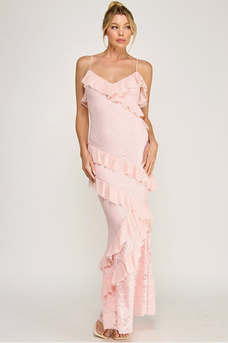 Pink Lace Ruffle Dress Strapless