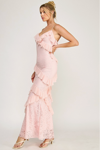 Pink Lace Ruffle Dress Strapless