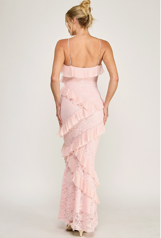 Pink Lace Ruffle Dress Strapless