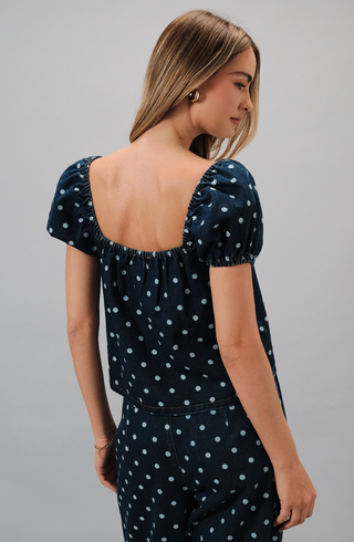 Puff Sleeve Denim Polka Dot Top