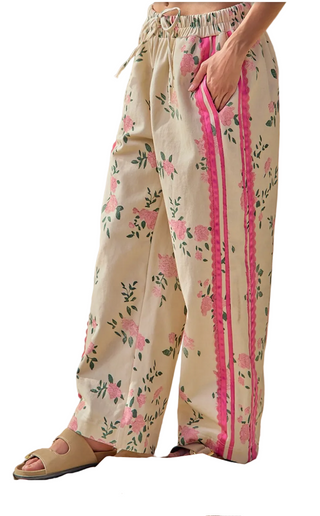 Flower Print Twill Side Trim Pants