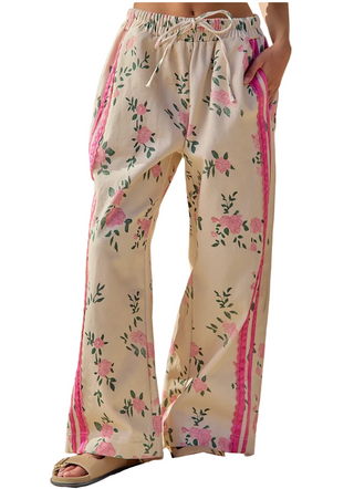 Flower Print Twill Side Trim Pants