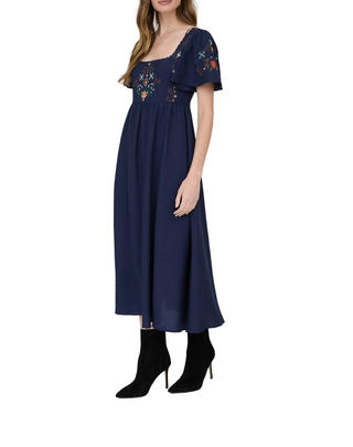Navy Embroidered Midi Dress