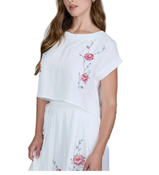 White Embroidered Boat Neck Crop Top