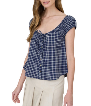 Navy Plaid Short Sleeve Top