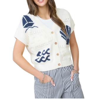 Marine Motif Short Sleeve Knit Cardigan