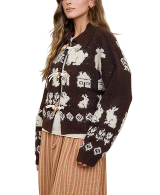 Bunny Motif Toggle Detail Fuzzy Knit Cardigan