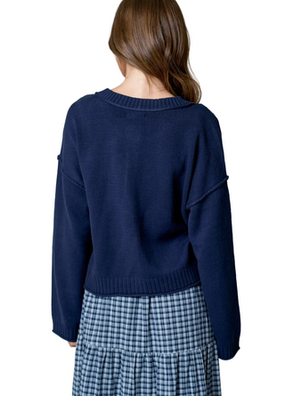 Navy Raw Edge Button Down Knit Cardigan