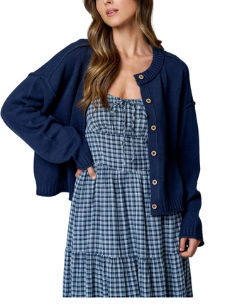 Navy Raw Edge Button Down Knit Cardigan
