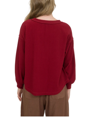 Ribbed Henley Knit Top - Deep Red