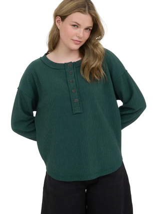 Ribbed Henley Knit Top - Hunter Green