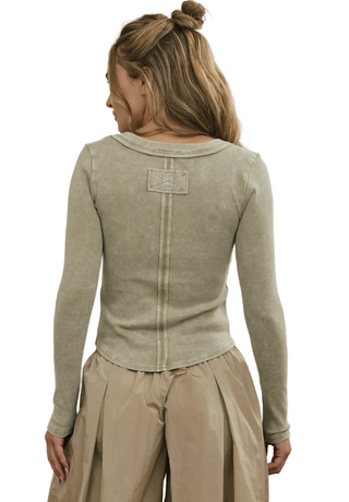 Ribbed Henley Knit Top - Olive