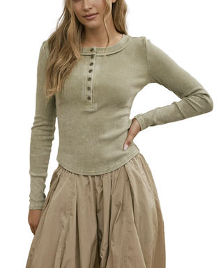 Ribbed Henley Knit Top - Olive