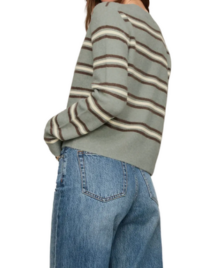 A person shown from the back wearing a cropped knit sweater with horizontal brown and cream stripes on a muted sage green base, paired with blue jeans, against a plain white background.