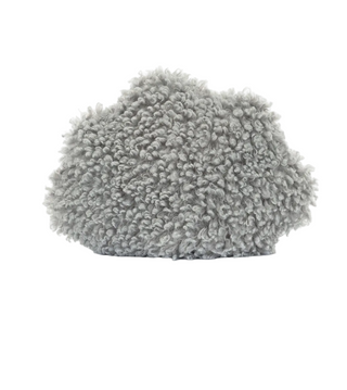 A gray plush cloud-shaped cushion or pillow with a textured, curly surface, shown on a white background with the text 'Amuseables Storm Cloud' and a dark green decorative banner at the bottom.