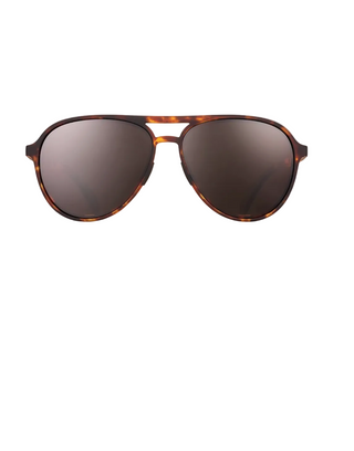 A pair of aviator-style sunglasses with a tortoiseshell frame and dark tinted lenses, shown against a white background with a thin gray border.