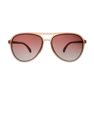 A pair of aviator-style sunglasses with a light gold metal frame and gradient brown-to-clear lenses, shown on a white background with a product variant sidebar on the left and a checkout summary banner at the bottom.