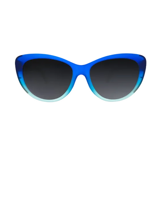 Blue gradient cat-eye sunglasses with dark gray lenses, shown on a white background with shopping cart interface elements partially visible.