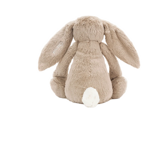 A plush stuffed bunny toy shown from the back on a white background, with product text below reading 'Personalized Bashful Beige Bunny Huge' and a price of $88.00 USD.