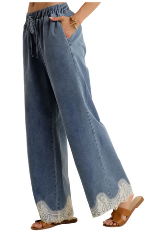 Lace-Trim Denim Pants