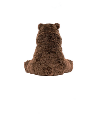 A brown plush stuffed bear shown from the back on a white product page, with the Jellycat logo at the top and pricing and 'Add to Bag' buttons below.