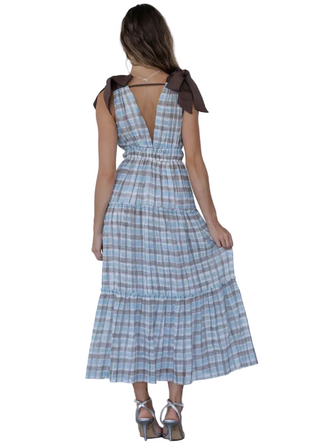 a woman wearing a Blue Brown Plaid Bow Maxi Dress