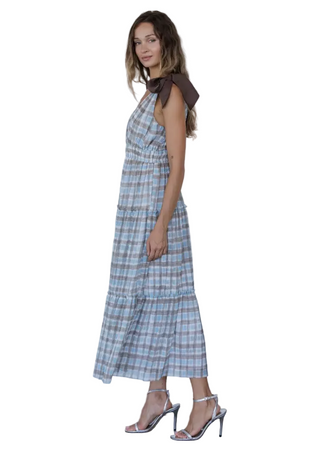 Blue Brown Plaid Bow Maxi Dress