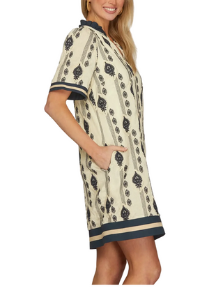 Cream & Navy Embroidered Mini Dress