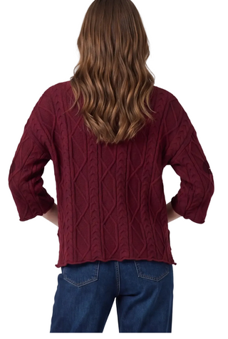 a woman wearing Wine Cable Sweater