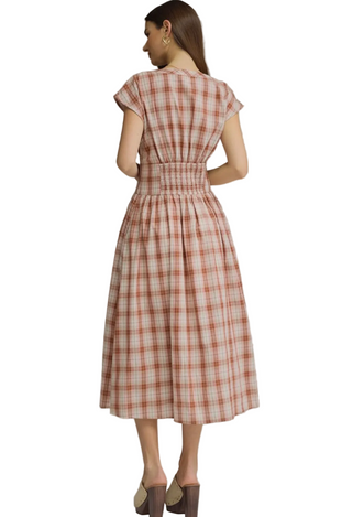 a woman wearing Camel & Maroon Plaid Cap Sleeve Midi Dress