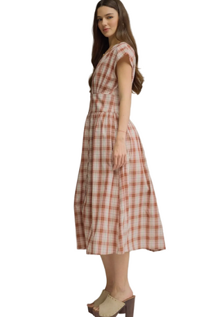 Camel & Maroon Plaid Cap Sleeve Midi Dress