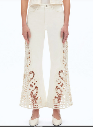 Wide Leg Embroidered Pants in Light Beige