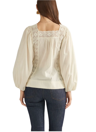 a woman wearing a cream Boho Square Neck Lace Trim Top