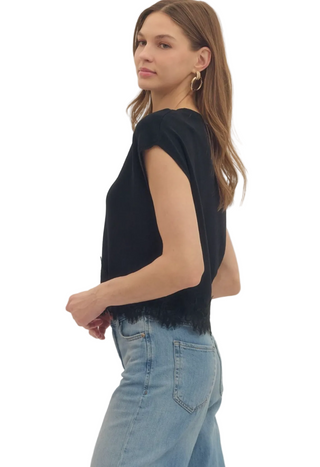 Black Lace Trim Cap Sleeve Sweater Top