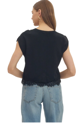 a women wearing a Black Lace Trim Cap Sleeve Sweater Top